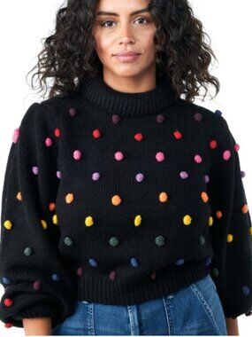 Gently worn Farm Rio Rainbow Pom-Pom Sweater, Size Small